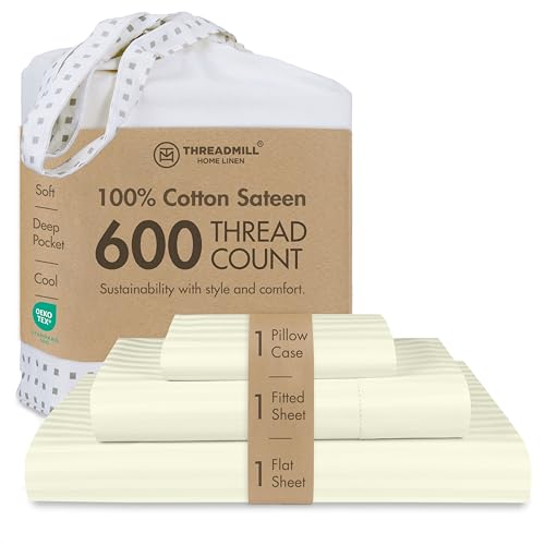 Image of Threadmill 100% Cotton Sheets for Twin Size Bed - 600 Thread Count Twin Bed Sheets Set with 15 inch Deep Pocket - Damask Stripe Sateen Weave 3-Piece Bedding Set with Cooling Effect, Ivory
