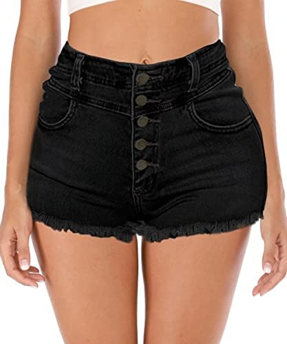Cuihur Women's Summer High Waist Denim Shorts Buttons Frayed Raw Hem Jeans Shorts Black M