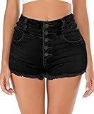 Cuihur Women's Summer High Waist Denim Shorts Buttons Frayed Raw Hem Jeans Shorts Black M