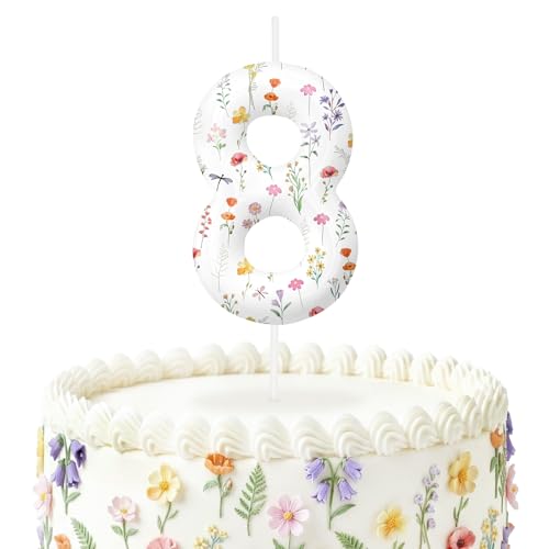 Wildflower Number Candles, Flower Birthday Candles, Floral Cake Topper for Spring Party Decorations, Boho Birthday Supplies for Girls Boys, Outdoor Picnic Rustic Nature Themed Cake Decorations (8)