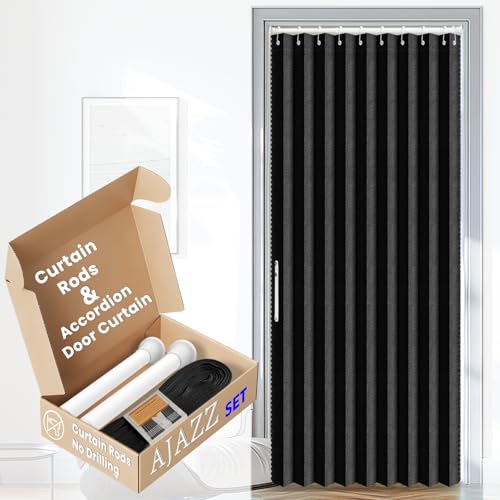Image of AJAZZ Blackout Magnetic Door Curtain with Curtain Rods 39-52 in Length Pleated Door Curtain Folding Door Invisible Applicable Bedroom Room Living Room Doorway (1 Panel, 53 W x 78 L, Black)