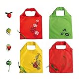 Cosiesnest Paquete de 4 bolsas de compras plegables de fresa con patrones de frutas, bolsas portátiles reutilizables para comestibles, viajes, playa, gimnasio y uso diario, ligeras y duraderas, estilo