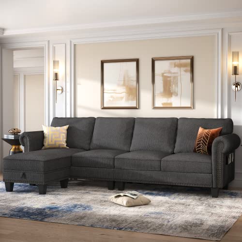 Nolany Convertible Sectional Sofa L-Shape Sectional Couch With Reversible Chaise 4 Seat Sectional Sofa Couch For Small Space Dark Grey #TOP3