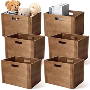 6 Pcs Wood Storage Bins 14 x 10 x 10 Inch Wood Boxes for Storage Wooden Storage Cube for Decor Rustic Basket Decorative Stackable Cube Containers for Home Office Toys Books Clothes Organizer