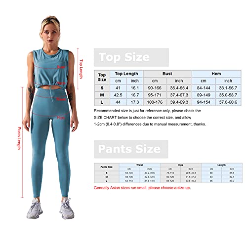 yeacher Conjunto feminino de 2 PCS para ioga sem mangas camiseta sem mangas com cordão elástico legg