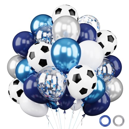 Ballons de Football, 62 Pièces Ballons Anniversaire Football, Ballon Bleu Blanc Argent, Ballon de...