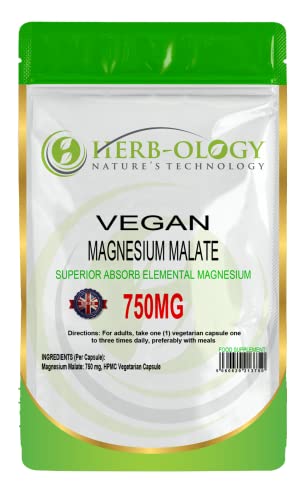 HB Magnesium Malate Capsules | High Strength Magnesium Malate Supplement - 750mg per Serving | 60 Vegan Magnesium Supplements | Non-GMO, Gluten, Dairy & Allergen Free | Manufactured in The UK