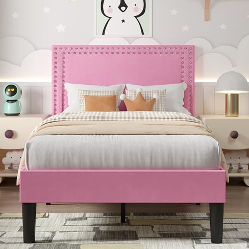 Image of VECELO Twin Size Platform Bed Frame with Height Adjustable Upholstered Headboard, Modern Mattress Foundation,Strong Wood Slat Support, No Box Spring Needed, Easy Assembly,Pink