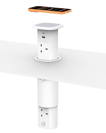 Pop Up Socket with 15W Wireless Charger, Haylink Recessed Power Socket with 5 UK Plug, 2 USB Ports, 1.8M Cable,   85mm, Desk Plug Socket for Kitchen, Office Desk, Conference Room, White