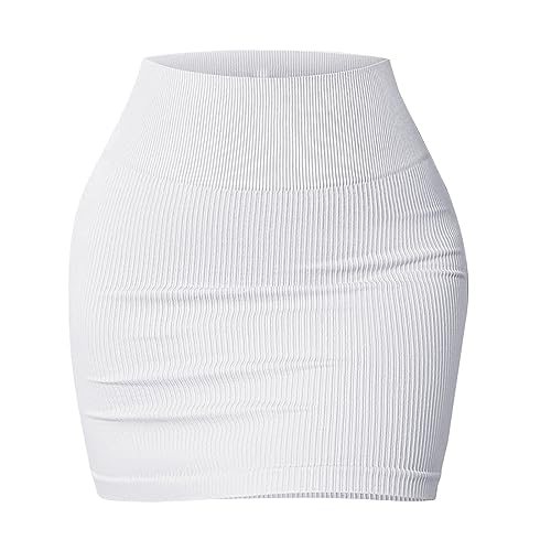 TENCOCO Falda Tubo Ajustada de Cintura Alta elástica básica para Mujer, Falda Corta Informal de Punto Acanalado, Moda Urbana Blanca