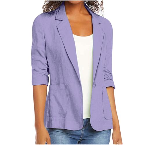 Linen Blazers for Women Lightweight Notch Lapel A Button Ruched 3/4 Sleeve Business Casual Work Suit Jacket2
