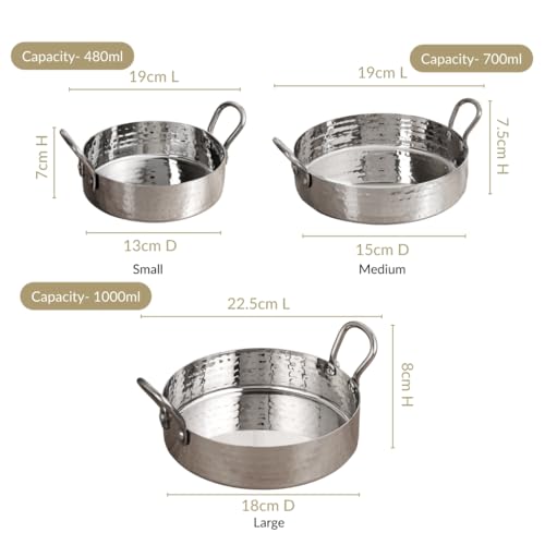 Image of Nestasia Stainless Steel Round Serving Dishes Set of 3 (480ml, 700ml, 1000ml) - Hammered Flat-Base Steel Serving Bowl with Dual Handles | Rust, Stain & Scratch Resistant Serveware with Glossy Finish