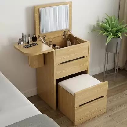 KOHINOOR DECOR Nordic Flip Top Modern and Expandable Corner Makeup Vanity with Stool & Flip Mirror | HDHMR Wood Dressing Table with Storage Drawer (Color - Natural)