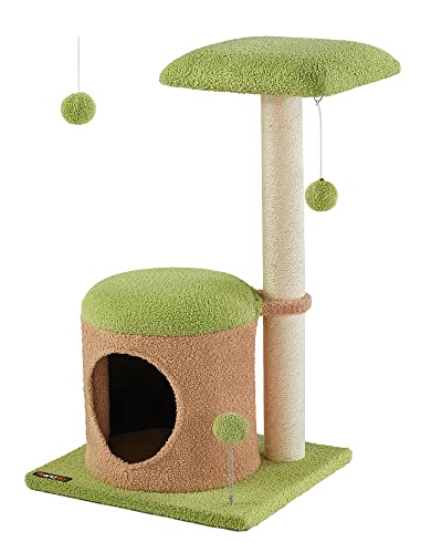 FEANDREA WhimsyWonders Arbre à Chat, Petite Tour de Jeux pour Chatons, Hauteur 76,2 cm, Niche, pour Chats Intérieur, Griffoir de 69 cm, Plate-Forme, Vert Printemps et Marron Terre Clair PCT123G01