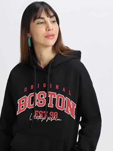 Image of JUNEBERRY Cotton Fleece Regular Fit Hooded Sweatshirt Lastest Back Graphic Printed Winter Hoodies for Women (Available in Colors: Black, SOYA Bean, Orange, Marshmellow, White & Lilac)