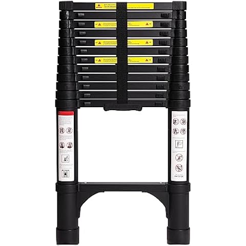 BOCOM 12.5 FT Aluminum Telescoping Ladder, Lightweight Multi-Purpose Collapsible Extension with 2 Triangle Stabilizers, Heavy Duty 330 lbs Max Capacity, Ideal for Home, RV, and Outdoor Work Black Cover