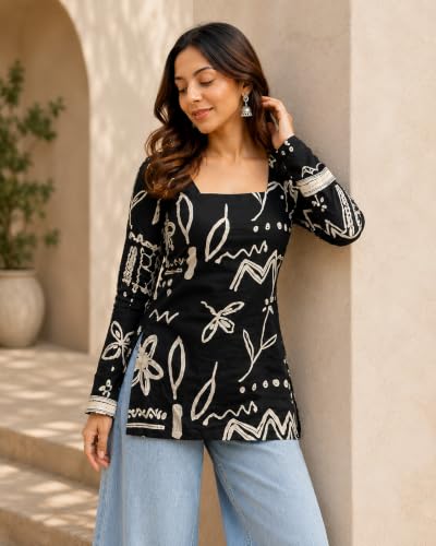 Image of Women's Cotton Floral Printed V-Neck A-Line Kurta /Regular Fit Kurti-3 /4 Sleeve