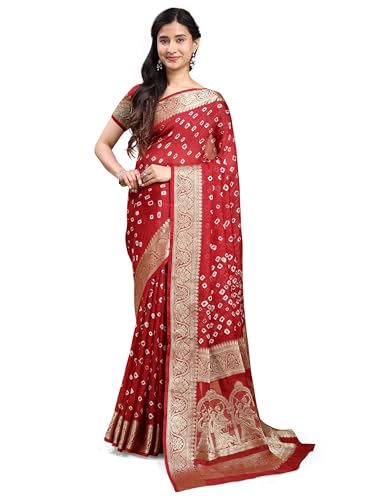 KHANAK DESIGNER Bandhani Kanjivaram Silk Saree for Women – Red Jacquard Woven Bridal Wedding Festival Indian Sari with Blouse Piece (Bridal Red)
