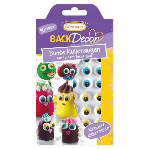 Günthart BackDecor | 40 bunte Zucker Kulleraugen | farbige Kuller Augen Zuckerdekor | Variantenreich einsetzbar | gelb | blau | 1er Pack (1 x 19 g)