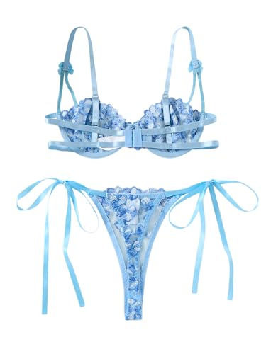 Image of Lilosy Sexy Tie Side Cute Underwire Push Up Strappy Embroidered Mesh Sheer Lingerie Set