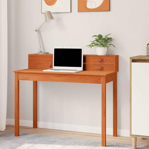 Mokuyary Schreibtisch mit Schublade, Wachs, Braun, 110 x 50 x 93 cm, massives Kiefernholz, Computertisch für Schlafzimmer, Wohnzimmer, Arbeitsplatz, Arbeitsplatz, Computertische