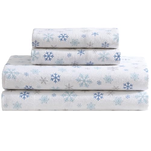 Beatrice Home Fashions 4-Piece Winter Holiday Flannel Sheet Set, Soft, Cozy, 100% Cotton, 15-inch Deep Pockets, King, Fresh Snow Dusty Blue