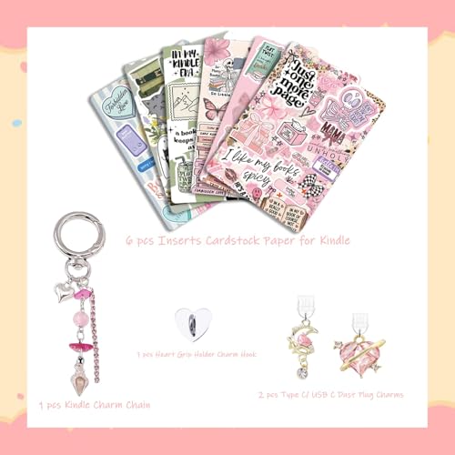 Kindle Zubehör Deko Set, Niedliches Charms-Set für Kindle Paperwhite 11./12. Generation, Staubschutzstecker USB-C mit Anhänger, Hängende Ornamente, Einlegekarte aus Karton für E-Reader, 6,8 × 4,8 Zoll