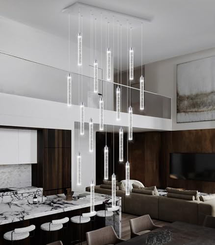 Image of Rectangular Chandeliers 17-Lights Long Light for Entryway LED Dimmable Chandeliers Lighting Fixture Flat Sloped High Ceiling Pendant Lights Crystal for Living Room Foyer Hallway Staircase Silver