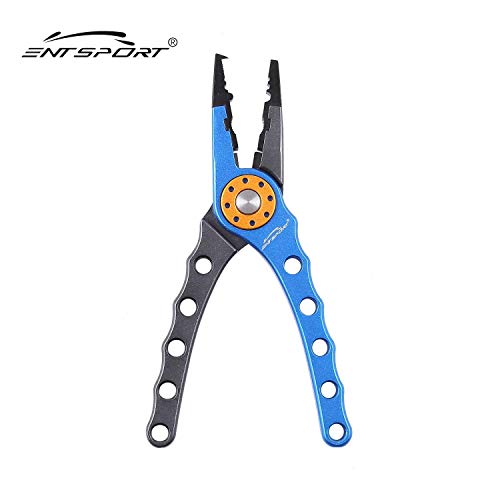 Entsport Saltwater Fishing Pliers with Aluminum Handles and Stainless Steel Jaws Multi Function Fishing Pliers with Sheath Lanyard Braided Fishing Line Cutters Fish Hook Removal Tool (Blue&Silver) - Thumbnail 2