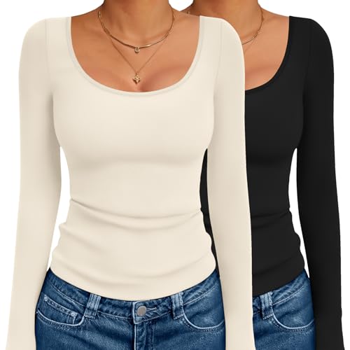 Ekouaer 2 Pack Long Sleeve Shirts for Womens Scoop Neck Tops Slim Fit Undershirt Basic Thermal Tee Shirt Black/Beige XL