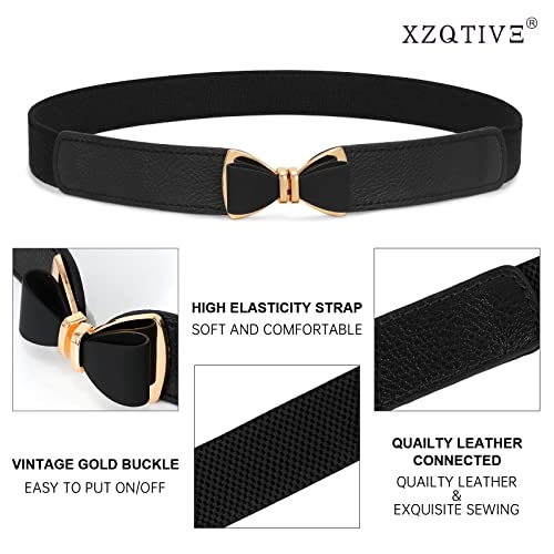 Xzqtive 3 Pack Women Skinny Belt For Dresses Retro Stretch Ladies Metal Buckle Elastic Waist Belt (Black+White+Brown, Fit Waist 27''-32'') #TOP2
