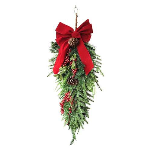 IUIBMI Christmas Teardrop Swags Pine Swag with Bowknot, Red Berries and Pinecone Winter Pine Needles Swag Teardrop Door Swag for Outdoor Front Door Wall Home Decor (25.6in)