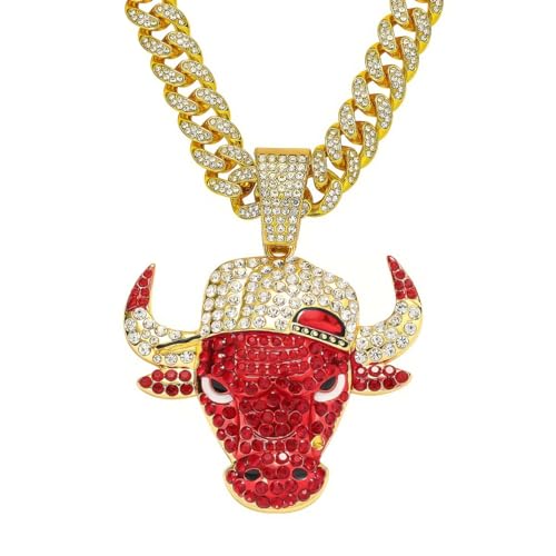 MAXBLING81 Large Bulls Bull Hat Pendant & 13mm 20" Iced Cubic Zirconia Box Lock Chain Hip Hop Jewelry Necklace Gift (GOLD)