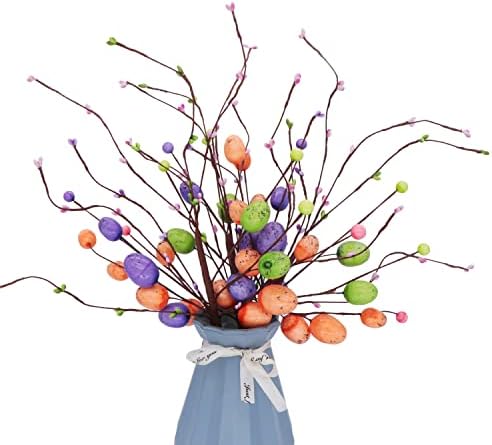 SPWOLFRT Artificial Easter Flower, 3 Pack Easter Spray with Pastel Easter Eggs and Berries Decorative Stems Speckled Easter Egg Twig Branches for Easter Arrangement Centerpiece Wreath Decor(3, 15'')
