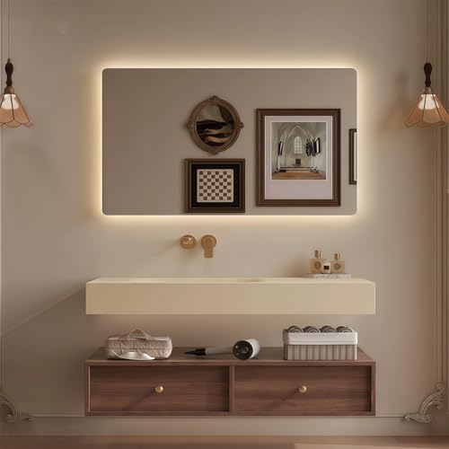 Modern Wall Mounted Floating Bathroom Vanity with Integrated Ceramic Sink, No Assembly Required, Hanging LED Intelligent Lighted Sensor and Demisting Mirror, Cabinet Spaces, 3 Soft Close Drawers