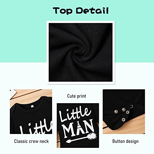 Newborn Baby Boy Girl Clothes Little Man Long Sleeve Romper,Plaid Pants + Cute Hat 3Pcs Outfit Set (A-Black,3-6 Months) #TOP2
