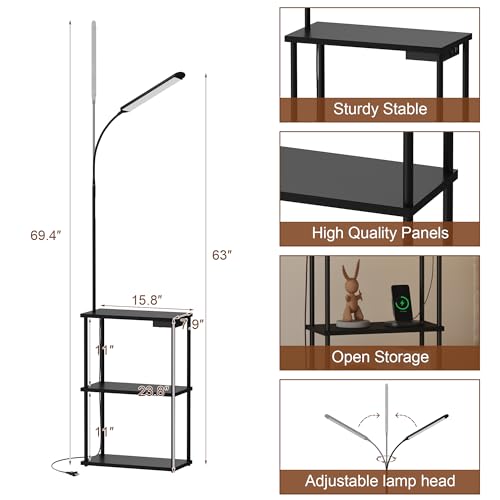 Image of Qupui LED Floor Lamp with Table, 15W Dimmable, USB Charging, Black