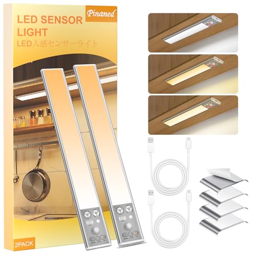 【連続点灯60時間可】人感センサーライト 充電式 室内 超薄 ledバーライト マグネット キャビネットライト クローゼット キッチン フットライト 足元灯 玄関灯 室内照明 電球色 昼白色 23cm 2個入