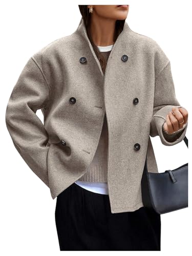 SOLY HUX Women's Plus Size Double Breasted Jacket Outerwear Work Office Overcoat Pea Coat Solid Apricot X-Large Plus