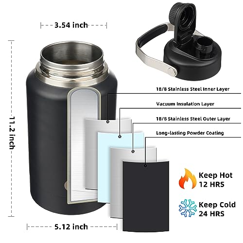 Image of BJPKPK 64oz Insulated Water Bottles, Dishwasher Safe Half gallon Water Bottle with Metal Handle, BPA Free Spout Lid & Detachable Bowl, Large Stainless Steel Jugs, Black