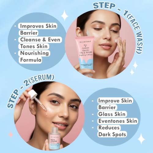Image of Glamveda Korean Rice & Ceramide 3 Step Daily Skincare Routine | Face Wash, Serum & Sunscreen | For Clear, Glass Korean Skin Brightening & Hydrated Skin | For Men & Women