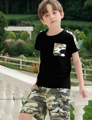 Image of mksodopy Boys Summer Outfit Set 2 Piece T Shirt and Camo Shorts Casual Clothes for Little Big Boys 5-16