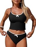 ZAFUL Womens Tankini Swimsuits Tummy Control High Cut Bow Decor Bathing Suits Two Piece Bikini Sets