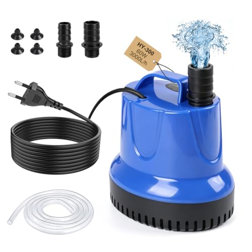 EXLECO Pompe Aquarium Immergée 60W 3000L/H, Mini Pompe a Eau Vide Cave, pour Eaux Chargées, Bassin Exterieur, Piscine, Relevage – Bleu