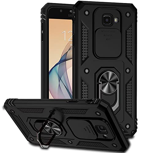 Jiyu Funda Compatible con Samsung Galaxy J7 Prime Carcasă Armor Militar Cubierta de Cámara Deslizante Proteger Fundas con 360 Full Protección Anillo Soporte Silicona Estuche Cover Case,Negro