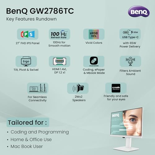 BenQ GW2786TC 27" IPS 100Hz Full HD Coding Monitor |USB-C(65W PD)| Daisy Chain| 99% sRGB| Coding Mode| Height Adjust|HDMI| DP| USB Hub| 2Wx2 Speakers| Eye Care| Noise Cancelling Microphone (White) view 2