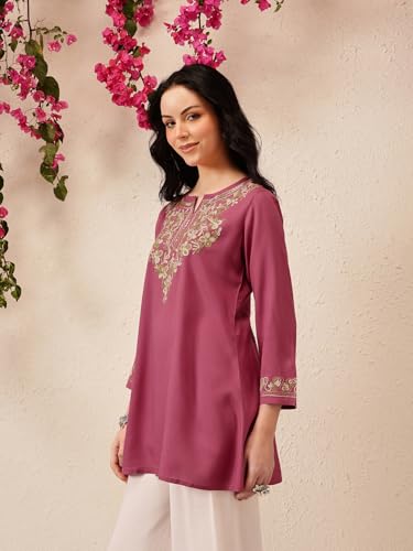 Image of QAZMI Women's Naila Kashmiri Aari Embroidered Viscose Rayon Full Sleeves A-Line Short Kurti