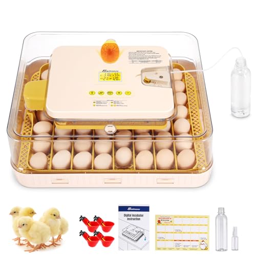 Sailnovo Couveuse Automatique pour 56 Œufs, Couveuse Oeuf Poule avec Retournement Automatique des Œufs, Contrôle de Température et Ajout Automatique d'Humidité, Jaune