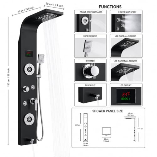 Image of For Bathroom Full Set Stainless Steel 304 Shower Panel for Bathroom with Hand Shower /Showerhead /Body Massage Jets /Shower System with Hot & Cold Mixer (Luxurious Black Finishing)