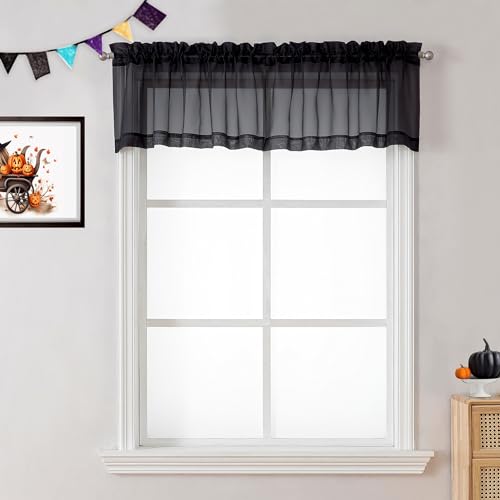 Image of OVZME 2 Panels Black Valance - Short Fresh Curtain Valances for Windows Basement, Semi Sheer Valances for Kitchen Window, Dual Rod Pocket (Black, 42 by 14 Inches Long)